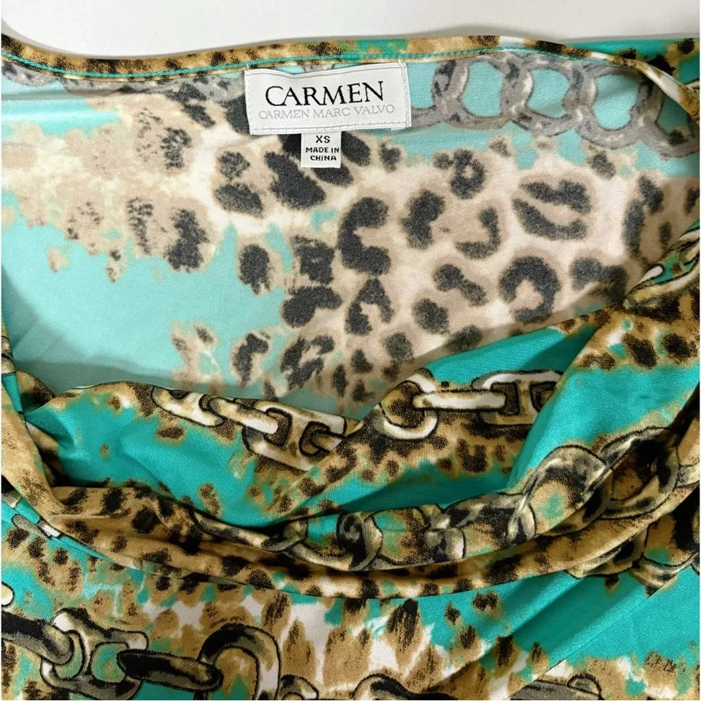 Teal Leopard Cheetah Print Gold Chainlink Ruched Shirt Top Blouse Tee Size XS 🐆✨ - Picture 3 of 5